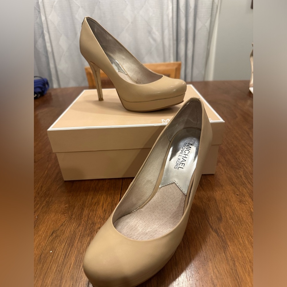 Michael Kors Leather Platform Heels, Nude, Size 6.5